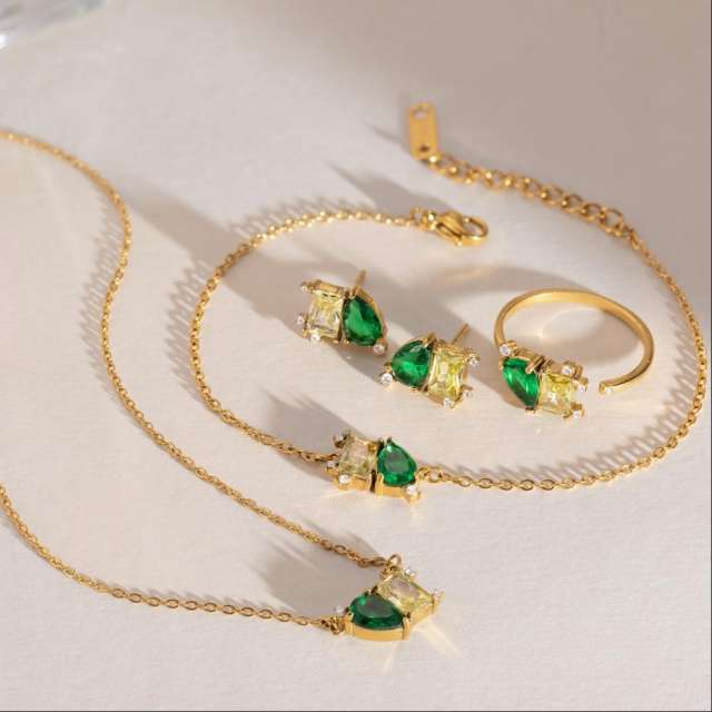 18KG emerald cubic zircon mix color stainless steel necklace bracelet earrings set