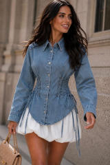 Women's waist-tied denim shirt long-sleeved collared casual short top