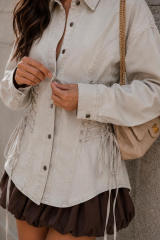 Women's waist-tied denim shirt long-sleeved collared casual short top