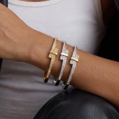 Minimalist geometric stainless steel bracelet with rhinestone embellishments