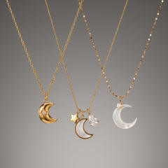 Fashion stainless steel necklace light luxury moon design with zircon and rhinestone inlay