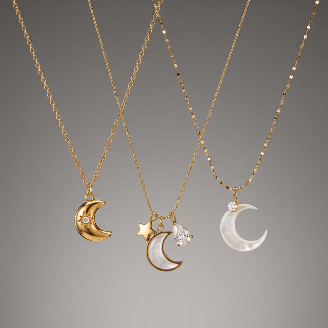 Fashion stainless steel necklace light luxury moon design with zircon and rhinestone inlay