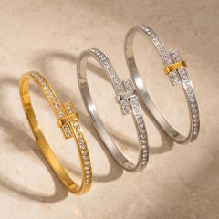Minimalist geometric stainless steel bracelet with rhinestone embellishments