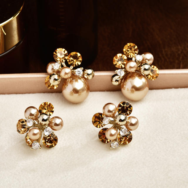 Coffee color gold plated copper pearl cubic zircon studs earrings for women