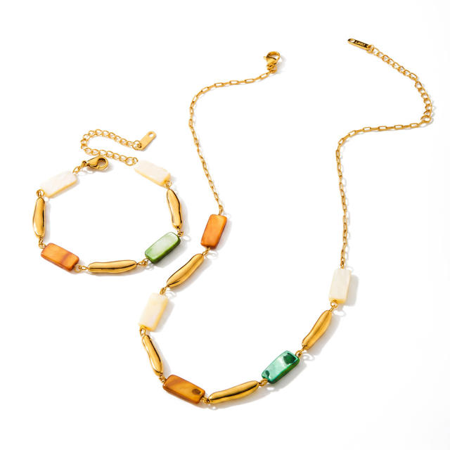Fashion geometric inlaid shell stainless steel necklace and bracelet set for women