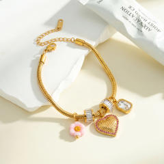 Fashion flower heart pendant with zircon and rhinestone design stainless steel bracelet for women