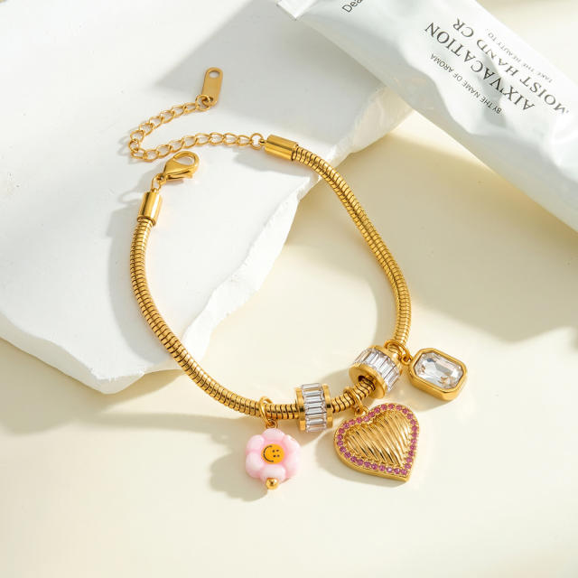 Fashion flower heart pendant with zircon and rhinestone design stainless steel bracelet for women