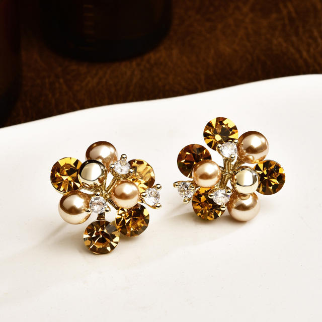 Coffee color gold plated copper pearl cubic zircon studs earrings for women