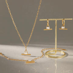 Elegant T bar pendant diamond stainless steel necklace earrings bracelet set