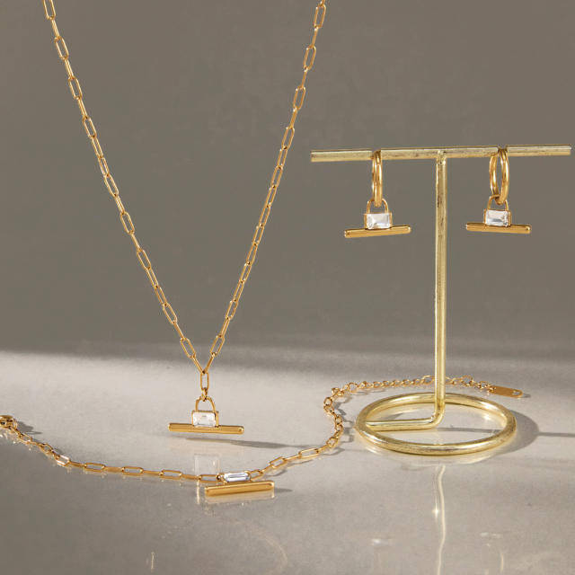 Elegant T bar pendant diamond stainless steel necklace earrings bracelet set