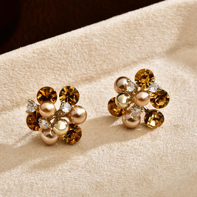 Coffee color gold plated copper pearl cubic zircon studs earrings for women