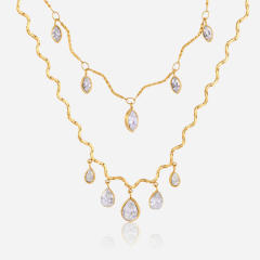Delicate oval teardrop cubic zircon charm stainless steel necklace for women