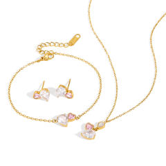 18KG white and pink cubic zircon stainless steel necklace bracelet earrings set