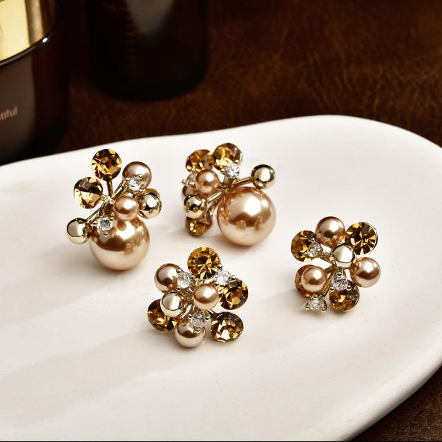 Coffee color gold plated copper pearl cubic zircon studs earrings for women