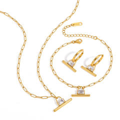 Elegant T bar pendant diamond stainless steel necklace earrings bracelet set