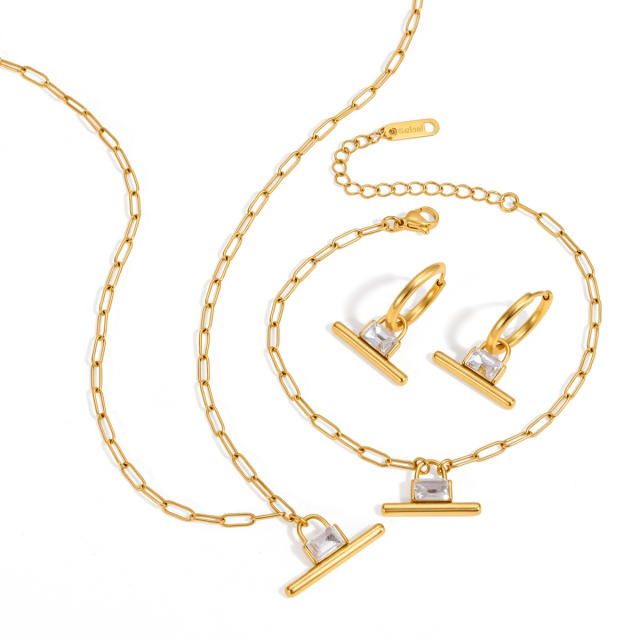 Elegant T bar pendant diamond stainless steel necklace earrings bracelet set