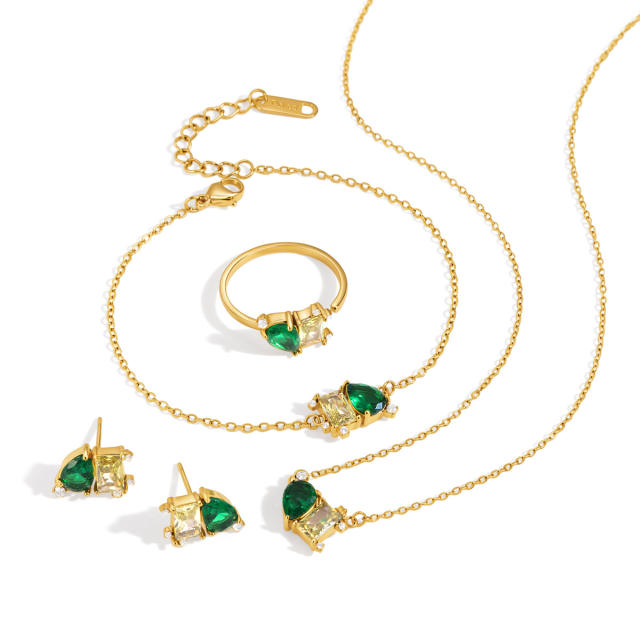 18KG emerald cubic zircon mix color stainless steel necklace bracelet earrings set
