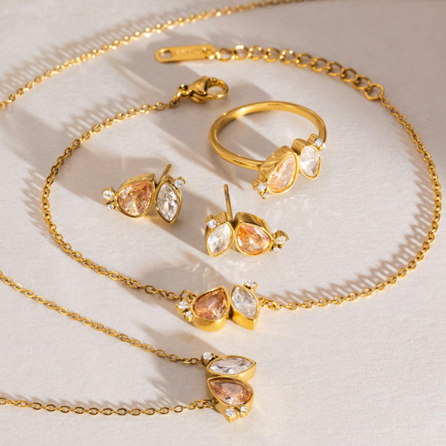 18KG champagne color white color diamond stainless steel necklace bracelet earrings set
