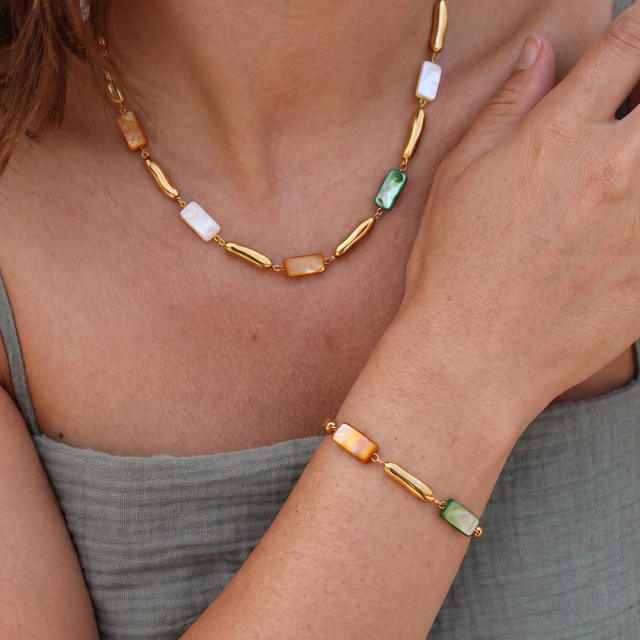 Fashion geometric inlaid shell stainless steel necklace and bracelet set for women