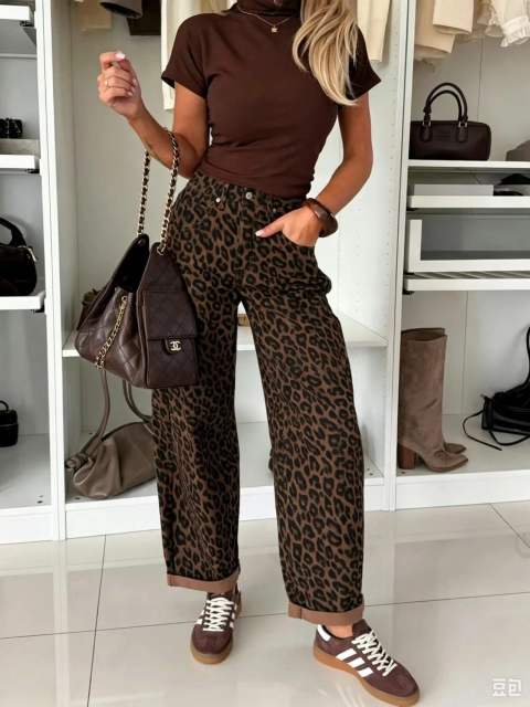 Vintage leopar grain straighe leg jeans