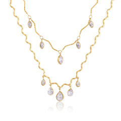Delicate oval teardrop cubic zircon charm stainless steel necklace for women