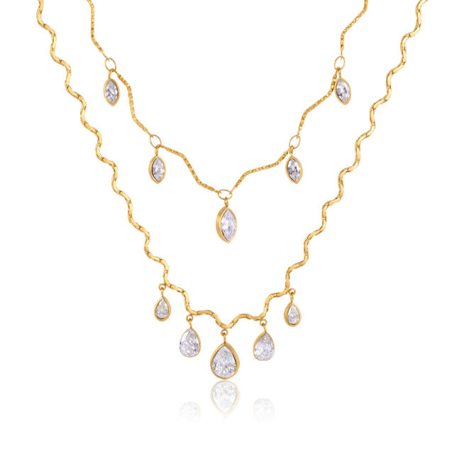 Delicate oval teardrop cubic zircon charm stainless steel necklace for women