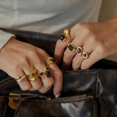 Unique obsidian stone inlaid stainless steel rings collection