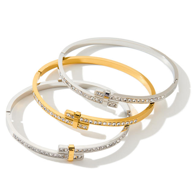 Minimalist geometric stainless steel bracelet with rhinestone embellishments