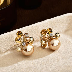 Coffee color gold plated copper pearl cubic zircon studs earrings for women