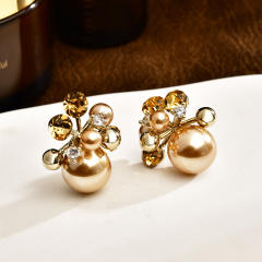 Coffee color gold plated copper pearl cubic zircon studs earrings for women