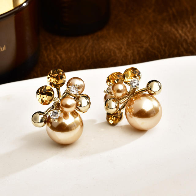 Coffee color gold plated copper pearl cubic zircon studs earrings for women