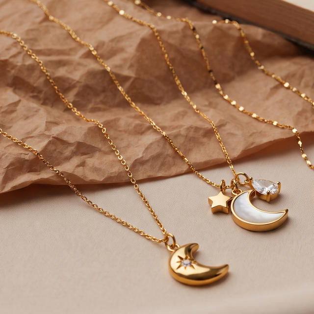Fashion stainless steel necklace light luxury moon design with zircon and rhinestone inlay