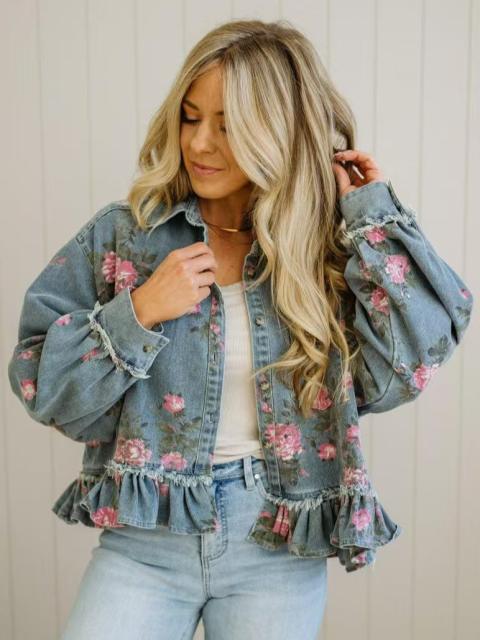 Vintage Washed Denim Jacket Floral Print Loose Fashion Long-Sleeve Shirt for Women
