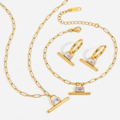 Elegant T bar pendant diamond stainless steel necklace earrings bracelet set