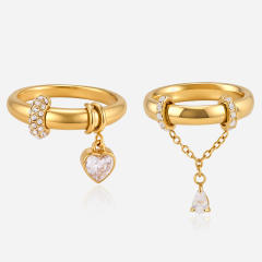 18KG diamond heart charm stainless steel rings