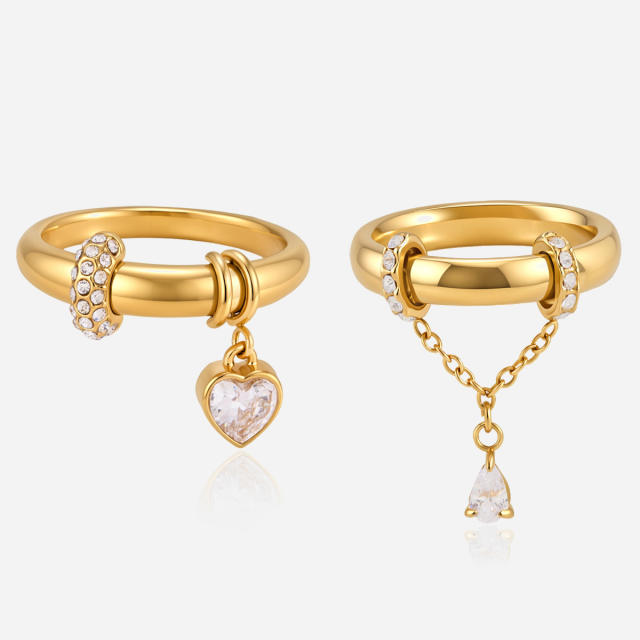 18KG diamond heart charm stainless steel rings