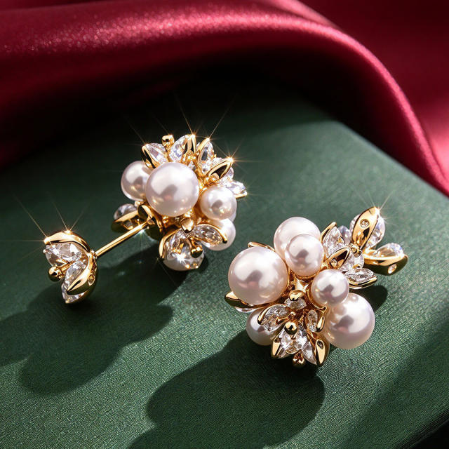 Elegant imitation pearl cubic zircon firework shape ear studs jacket earrings