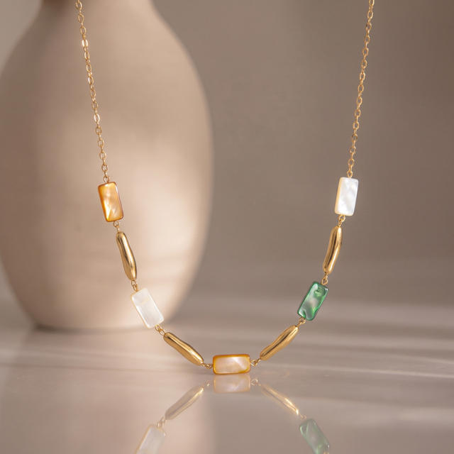 Fashion geometric inlaid shell stainless steel necklace and bracelet set for women