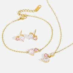 18KG white and pink cubic zircon stainless steel necklace bracelet earrings set