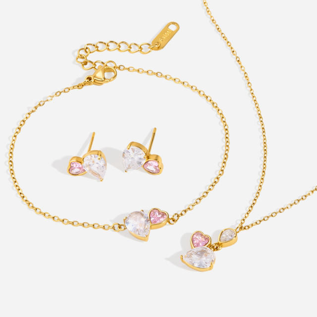 18KG white and pink cubic zircon stainless steel necklace bracelet earrings set