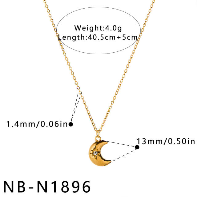 Fashion stainless steel necklace light luxury moon design with zircon and rhinestone inlay