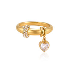 18KG diamond heart charm stainless steel rings