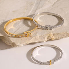 Minimalist geometric stainless steel bracelet with rhinestone embellishments