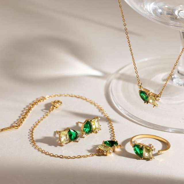18KG emerald cubic zircon mix color stainless steel necklace bracelet earrings set
