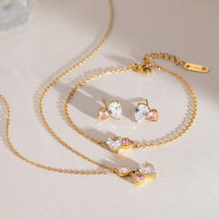 18KG white and pink cubic zircon stainless steel necklace bracelet earrings set