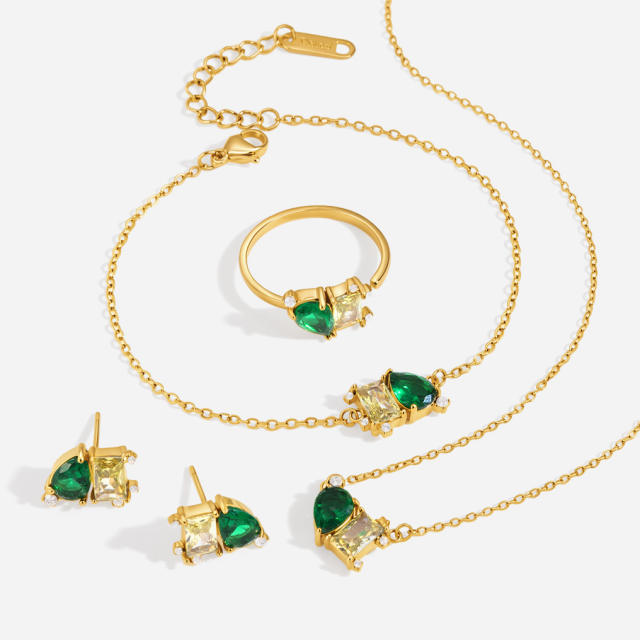 18KG emerald cubic zircon mix color stainless steel necklace bracelet earrings set