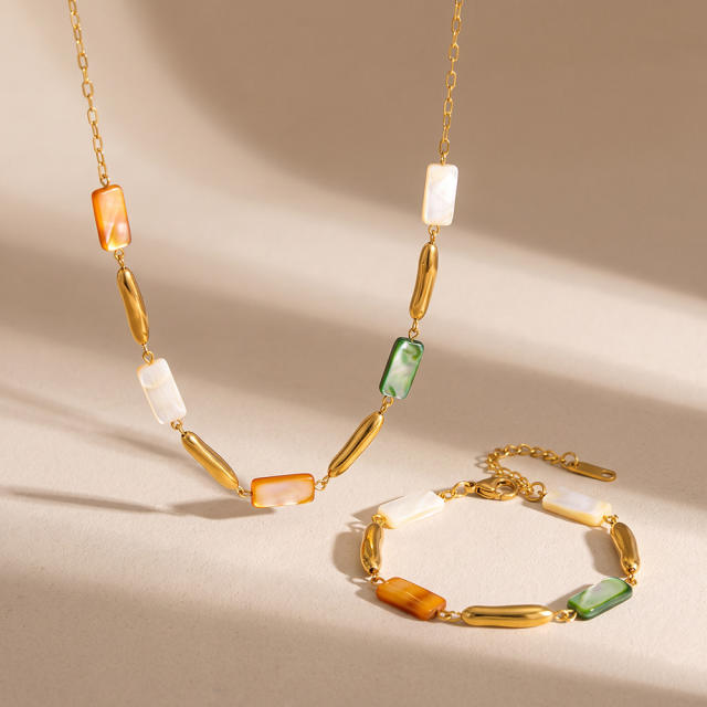 Fashion geometric inlaid shell stainless steel necklace and bracelet set for women