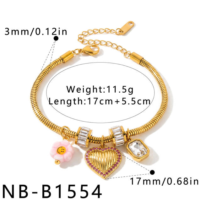 Fashion flower heart pendant with zircon and rhinestone design stainless steel bracelet for women