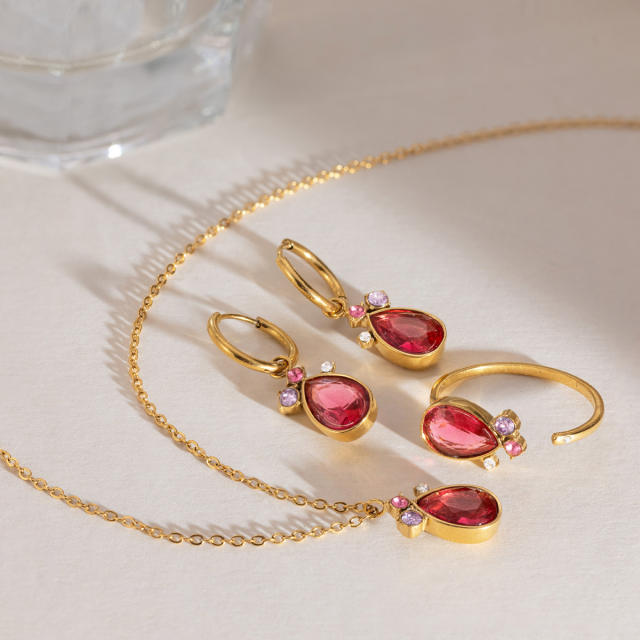 18KG red color teardrop cubic zircon pendant stainless steel necklace earrings set