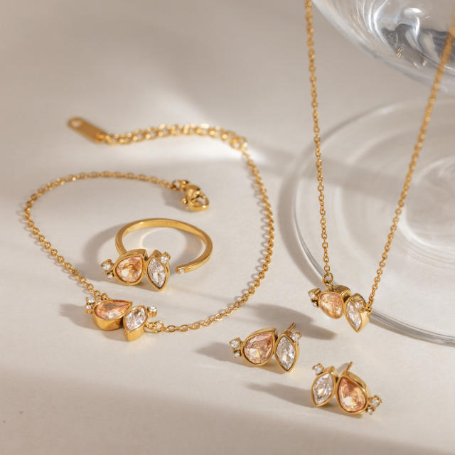 18KG champagne color white color diamond stainless steel necklace bracelet earrings set
